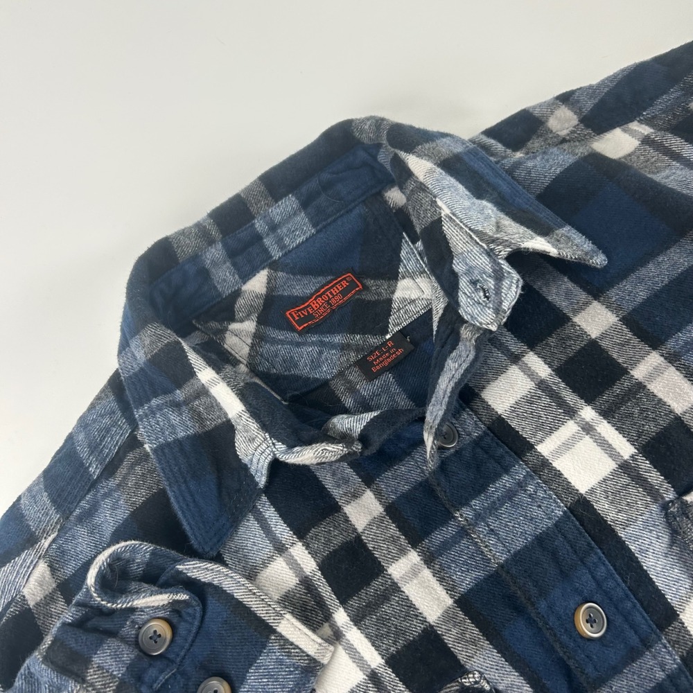 Five Brother Mens L Reg Blue Plaid Heavy Cotton Flannel Shirt Double Pocket